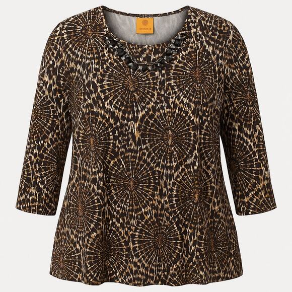 Ruby Rd. 3X Beaded Neckline Abstract Print Top Brown Black White - Picture 1 of 5